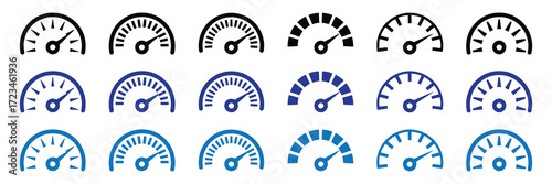 Set of speedometer icons in black and blue shades, isolated on white background