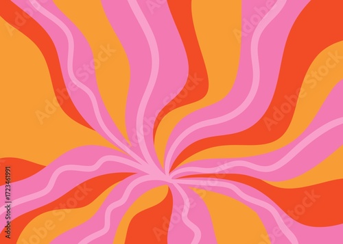 Hand drawn swirl groovy starbust illustration background. Mid century orange pink modern vintage retro wallpaper backdrop, 60s 70s decorative geometric lines rays star sunburst, stylish explosion