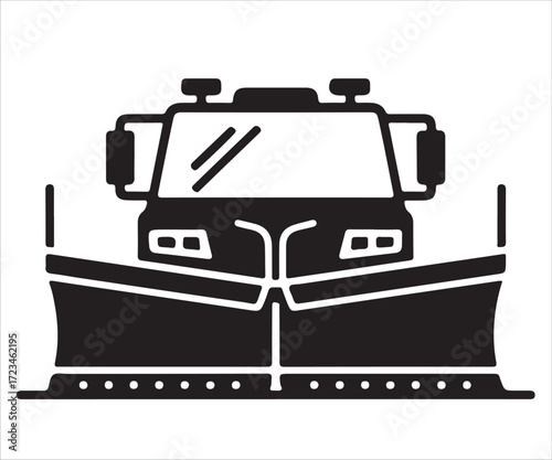 Black silhouette of snowplow truck with front blade clearing snow, concept for winter maintenance, road service, heavy vehicle, construction machinery, transportation equipment, and seasonal infrastru