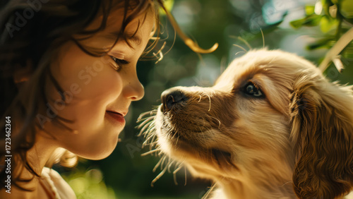 Little girl and puppy sharing a loving moment in a sunlit outdoor setting