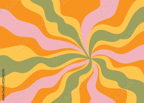 Hand drawn swirl groovy starbust illustration background. Mid century modern yellow green pink vintage retro wallpaper backdrop, 60s 70s decorative geometric lines rays star sunburst, stylish