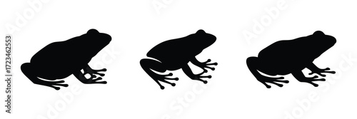 Three black frog silhouettes in a row, isolated on white background