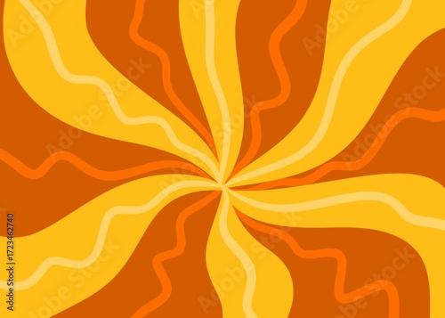 Hand drawn swirl groovy starbust illustration background. Mid century modern yellow orange vintage retro wallpaper backdrop, 60s 70s decorative geometric lines rays star sunburst, stylish explosion