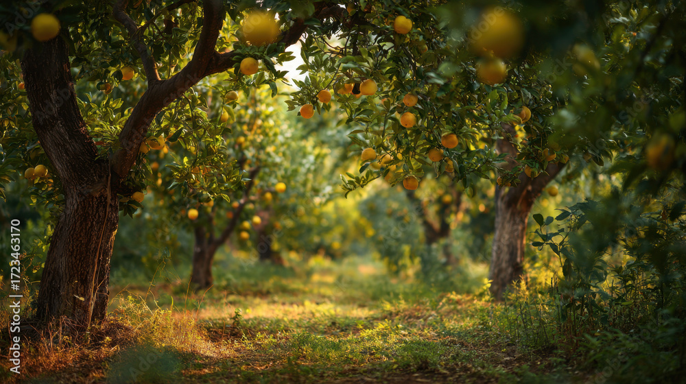Naklejka premium Sunny orchard filled with ripe orange trees under soft golden light, creating a serene atmosphere perfect for relaxation and nature appreciation in a fruitful landscape.