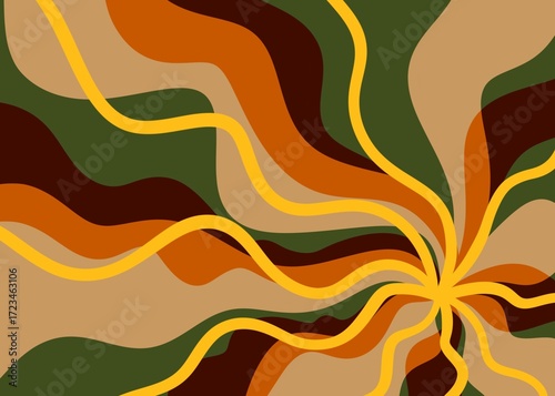 Hand drawn swirl groovy starbust illustration background. Mid century modern yellow green beige vintage retro wallpaper backdrop, 60s 70s decorative geometric lines rays star sunburst, stylish
