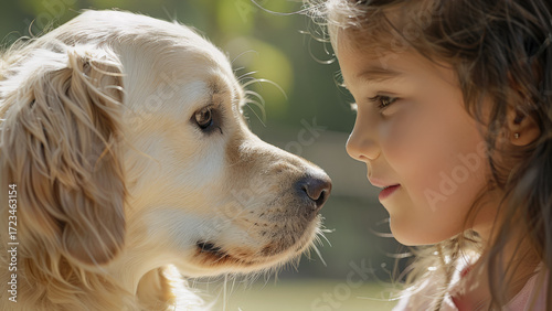 Little girl and puppy sharing a loving moment in a sunlit outdoor setting