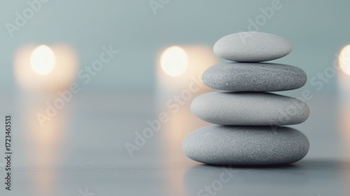 Serene massage therapy in a tranquil environment with stacked gray stones and soft soothing lighting for a calming relaxing and rejuvenating experience  This peaceful