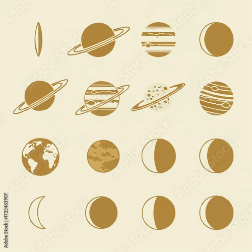 Illustration of planets and moon phases in a grid pattern.