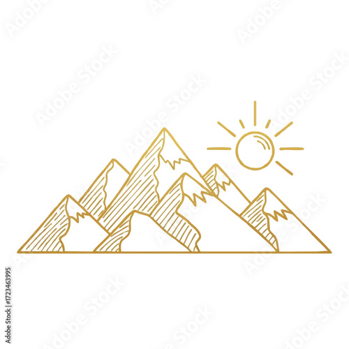 Illustration of a mountain range with a sun shining in the background.
