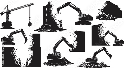 Building demolition silhouettes, excavator wrecking vector, rubble removal icons, black white graphic, construction teardown art, heavy machinery scene, structural collapse