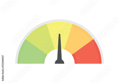 A gauge with an arrow on a white background. Determining financial market sentiment.