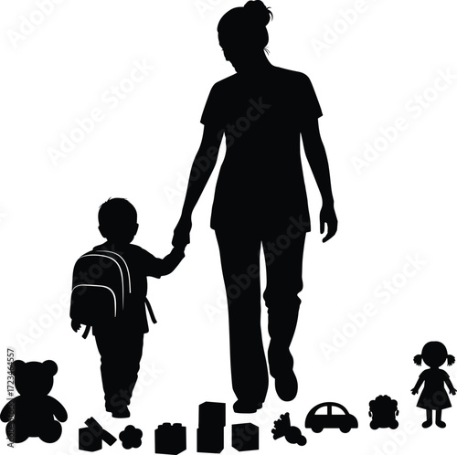 Caregiver child silhouette, school backpack icon, toy row vector, black white graphic, nurturing scene, education theme, parent kid illustration