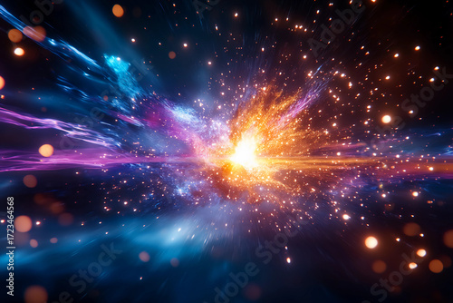 Radiant multicolored energy explosion with swirling spiral particles, dynamic galactic detonation, cosmic light burst effect