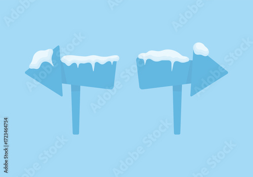 Signs with icicles and snow caps. Arrows for winter directions. Winter elements.