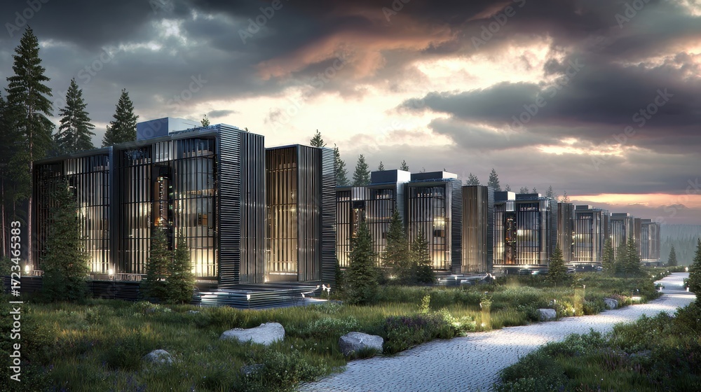 Obraz premium Modern architecture with sleek buildings amidst serene forest landscape