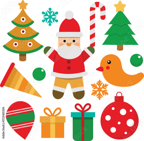 Vector art of a cheerful ensemble of christmas characters and symbols, featuring santa claus, decorated trees, a duckling, candy cane, ornaments, snowflakes, and gift boxes, isolated on a