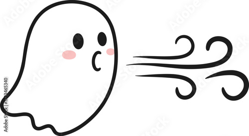 Cartoon ghost blowing, cute spirit vector, wind puff illustration, Halloween character art, black white graphic, spooky fun theme, playful design