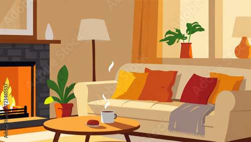 Cozy living room with fireplace and warm sunlight