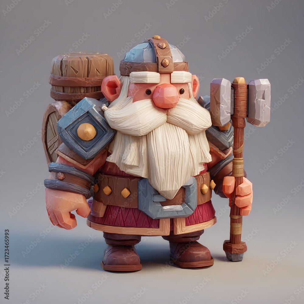 Fototapeta premium Cute Cartoon Dwarf Warrior with Hammer and Backpack, Stylized 3D Fantasy Character Isolated