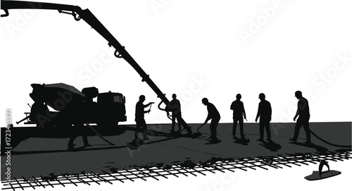 Concrete pouring silhouette, construction site vector, rebar slab illustration, black white graphic, infrastructure work icon, building process art, engineering scene
