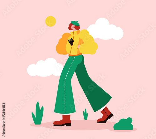 Girl with kitten. Care and rescue of homeless animals. Vector illustration.
