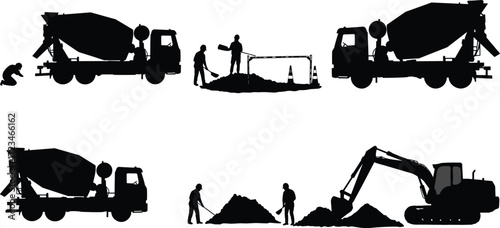Construction worker silhouettes, cement mixer vector, excavator digging scene, black white graphic, manual labor icons, site activity art, machinery operation