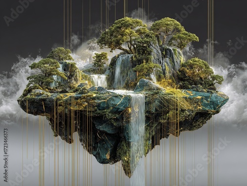 Floating Island with Waterfalls and Lush Trees in Surreal Fantasy Landscape