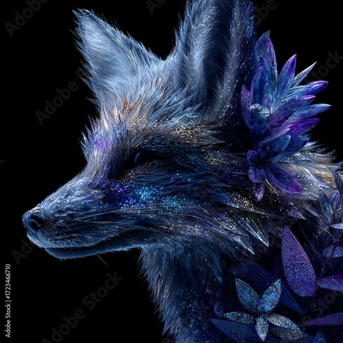 Mystical Blue Fox with Sparkling Fur and Fantasy Floral Elements on Black Background