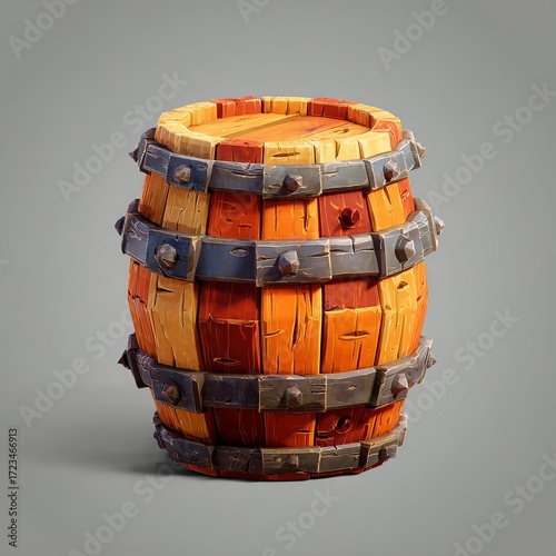 Wooden Barrel 3D game asset in a casual low-poly style designed for a mobile game isolated on a neutral gray background