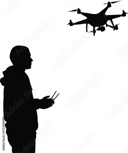 Drone operator silhouette, quadcopter flying vector, aerial technology icon, black white graphic, remote control art, modern tech scene, photography flight