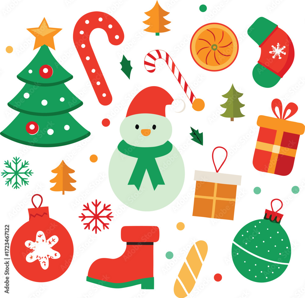 Fototapeta premium Vector art of whimsical christmas elements collection, , showcasing a snowman, christmas trees, candy canes, gift boxes, snowflakes, and ornaments for festive design