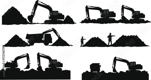 Excavator dump truck silhouettes, construction site vector, dirt pile graphic, black white illustration, heavy machinery scene, worker activity icons