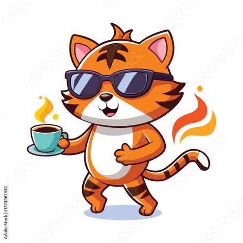 A cute cartoon kitten and a funny fox play together, with a friendly tiger watching over the domestic pets