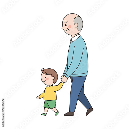 Grandfather and Grandson Walking Hand in Hand Cute Family Bond Illustration