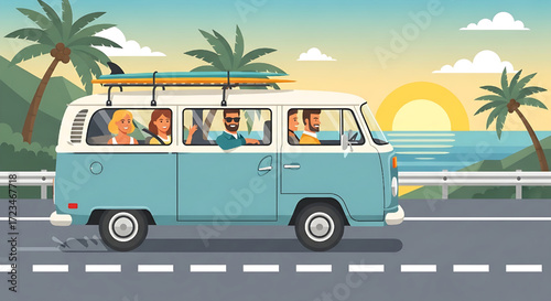 Friends on a Summer Road Trip in a Vintage Van by the Ocean at Sunset