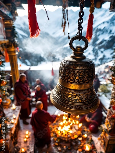 A detailed shot of a brass bell with intricate carvings being rung during a winter aarti in a Himalayan temple, snow-capped mountains in the background, the air crisp and cold