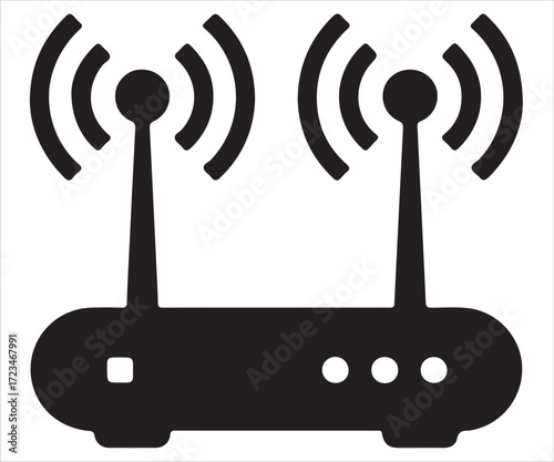 Black silhouette icon of a wireless router with two antennas and signal waves, concept for WiFi connection, internet technology, home networking, data communication, broadband and digital connectivity