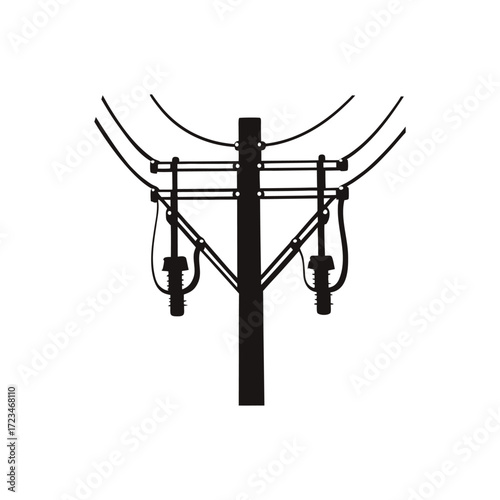 Silhouette of power pole with electric wires on white background