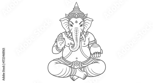 Line Art Illustration of Hindu God Ganesha Meditating on White