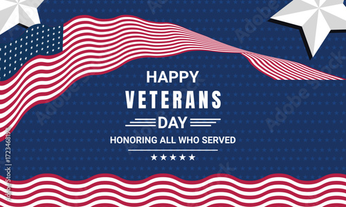 Thank you Veterans - Honoring all who served vector illustration. USA flag waving on blue background. vector illustration.