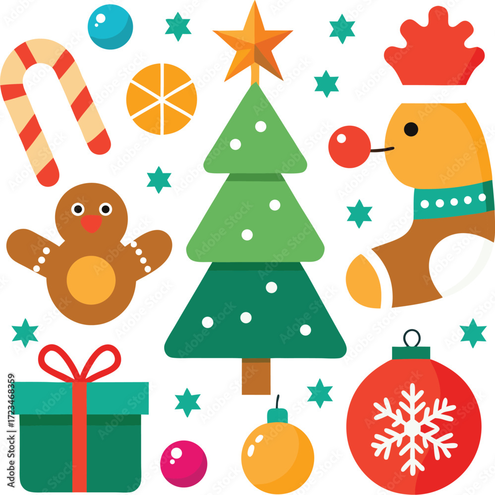 Naklejka premium Vector art of a collection of festive christmas icons including a gingerbread man, candy cane, christmas tree, gift box, ornament, and other holiday symbols, all isolated on a