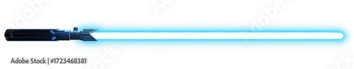 A digital depiction of a lightsaber, featuring a slender, dark-grey hilt and a vibrant, bright-blue energy blade against a stark white backdrop