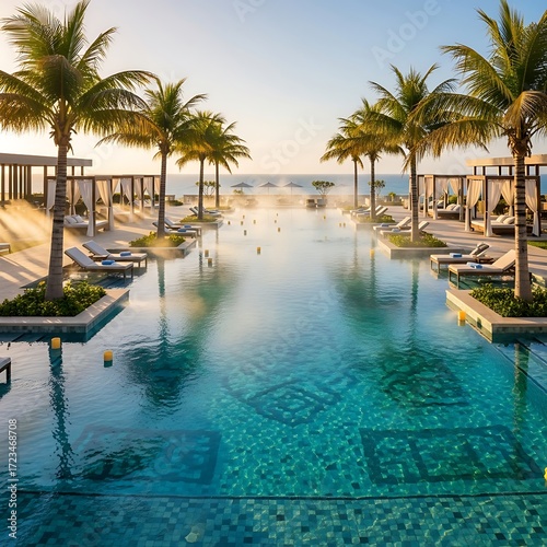 Luxury Resort Pool Oasis with Palm Trees.