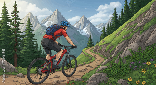 An adventurous man rides an electric mountain bike on a winding dirt trail through a scenic alpine landscape.