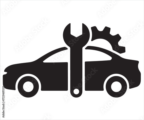 Black silhouette icon of a car with wrench and gear symbol, concept for auto repair, car maintenance, mechanical service, automobile diagnostics, engineering, transportation technology and repair shop