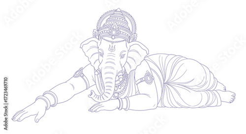 Resting Ganesha Line Art in Lavender Hue Isolated on White