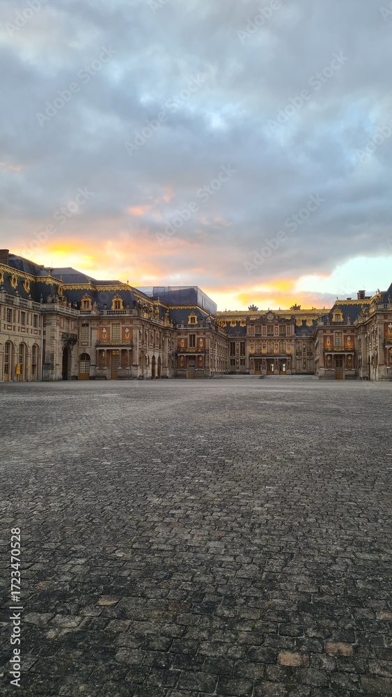 Obraz premium Le château de Versailles vu à travers le portail au coucher du soleil