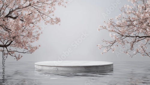 White product display podium with water reflection and blossom flowers on blue background. 3D rendering