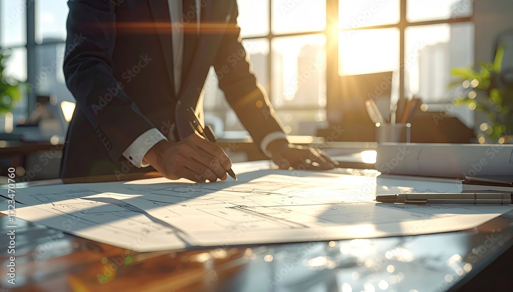 Obraz premium Professional Architect in Suit Analyzing Blueprints at Desk with Glowing Sunlight and City View