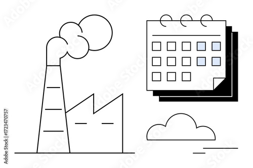 Factory releasing smoke beside a calendar with marked days and a cloud. Ideal for pollution, industry, environment, scheduling, manufacturing management, sustainability focus, simple flat metaphor